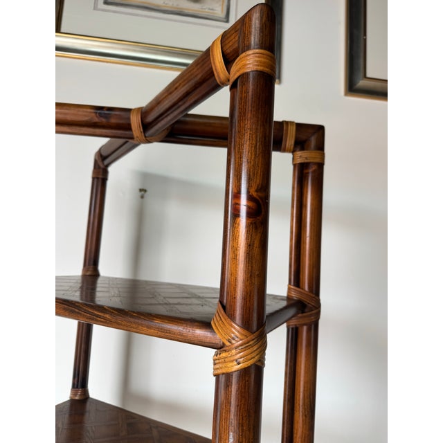 Brown 1970s Hollywood Regency Walnut & Rattan Four-Tier Étagère Shelf For Sale - Image 8 of 12