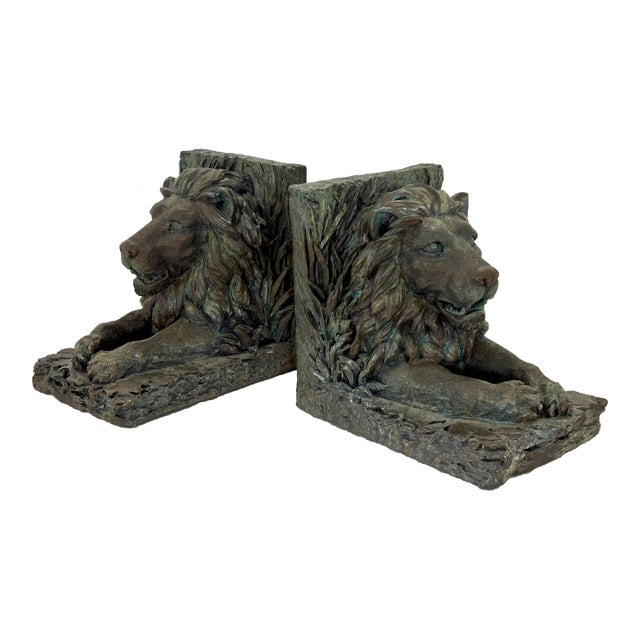 Vintage Pair of Lion Bookends With Bronze Appearance For Sale