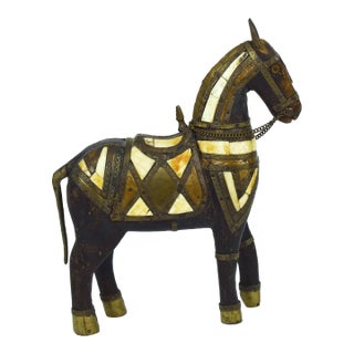 Vintage Hand Carved Wood & Mosaic Brass and Copper Inlaid Horse Figurine For Sale
