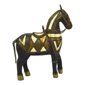 Vintage Hand Carved Wood & Mosaic Brass and Copper Inlaid Horse Figurine