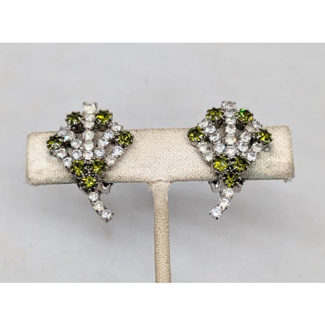 Mid-Century Modern Vintage 1960s Signed Hobe Silvertone Faux-Peridot & Clear Rhinestone Clip Earrings- 2 Pieces For Sale - Image 3 of 7