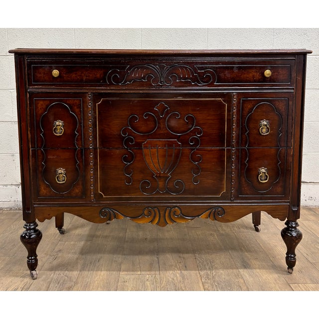 Antique Art Deco Art Nouveau Style Carved Dresser Chest For Sale - Image 4 of 12