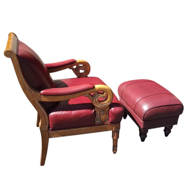 Empire and William IV Periods Inspired Vintage Red Leather Armchair & Ottoman For Sale - Image 12 of 12