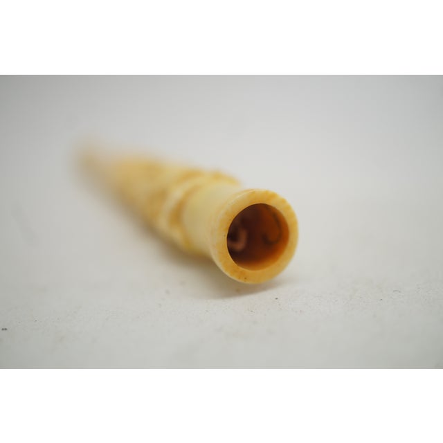 Early 20th Century Vintage Hand Carved Bone Cigarette Holder Stick High Relief Foliate Flowers 4" For Sale - Image 5 of 11