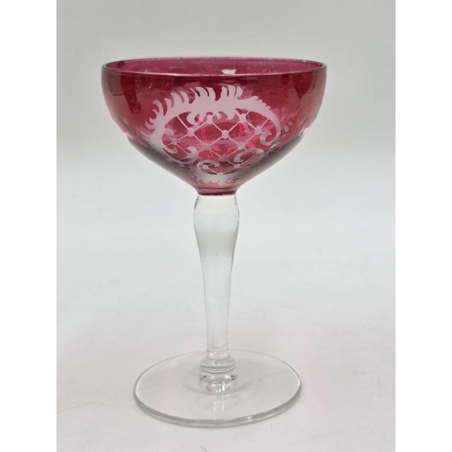 Antique Edwardian Wine Cranberry Glass Engraved Etched & Pitcher - 9pcs For Sale In Houston - Image 6 of 12