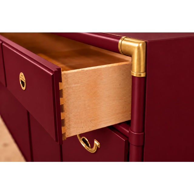 Professionally Refinished 1970s Drexel Accolade Campaign Buffet / Sideboard - Custom Luxurious Wine Burgundy For Sale In Seattle - Image 6 of 10