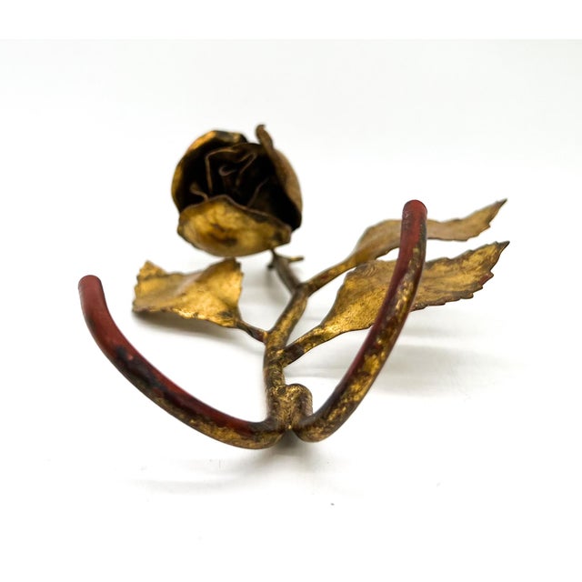 Metal Vintage Italian Tole Gold Gilt Rose Wall Hook – Double Hook Floral Wall Accent – Hollywood Regency, Cottagecore, Shabby Chic For Sale - Image 7 of 9