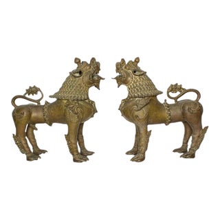 Antique 18th-19th Century Nepali Bronze Temple Lions - A Pair of 2 For Sale