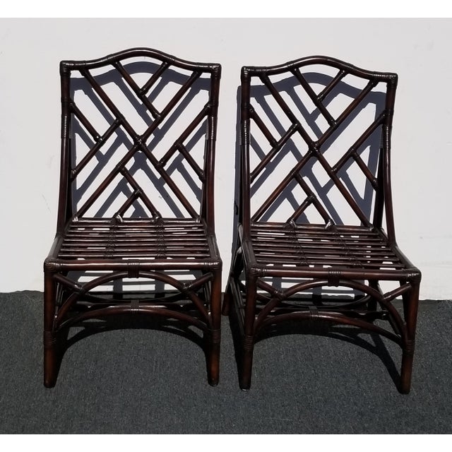 David Francis Chinese Chippendale Rattan Faux Bamboo Dining Chairs Set