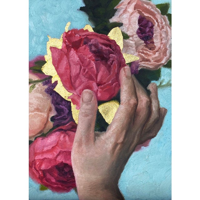 The Light Within by Aixa Oliveras | Oil and 24kt gold leaf on Artefex panel Hand holding flowers For Sale