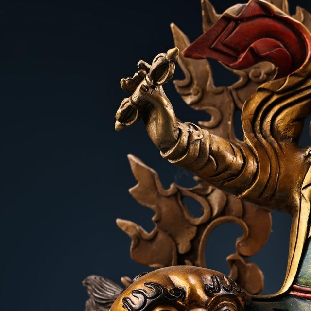Art Deco Vintage Tibetan Painted Gilded Bronze Dorje Shugden Protector Buddha Statue on Lion For Sale - Image 3 of 10