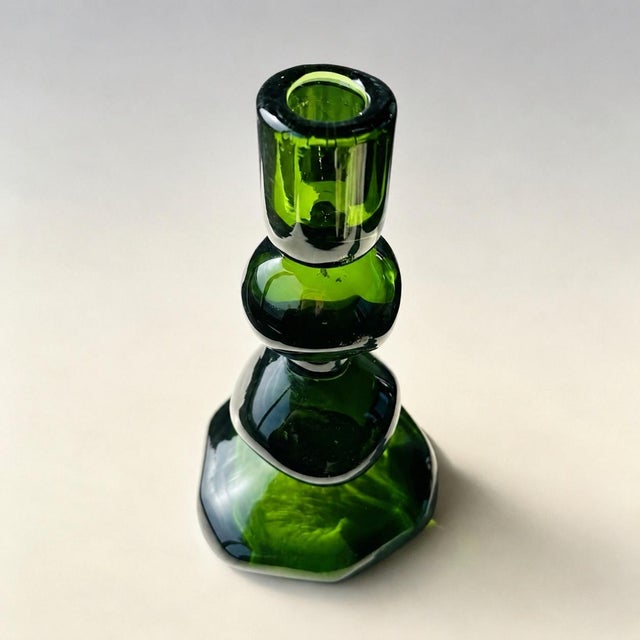 Hand Blown Emerald Green Stacked Glass Candlestick For Sale In Chicago - Image 6 of 6