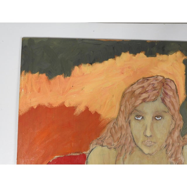 Late 20th Century Contemporary Portrait Woman in Green Check Dress Painting For Sale - Image 5 of 7