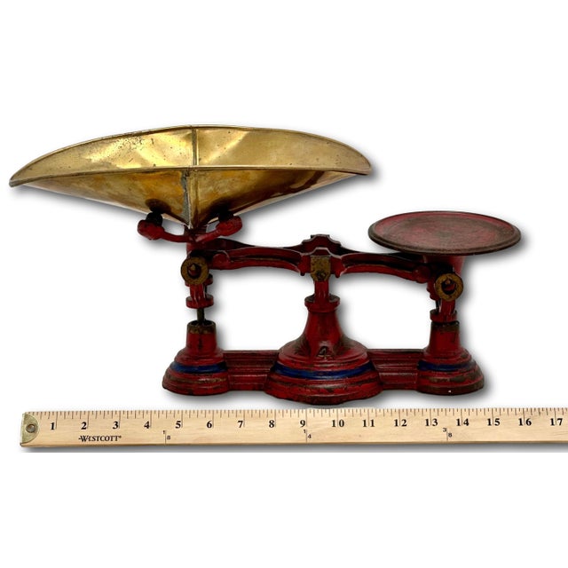 Nice Antique American Victorian Cast Iron & Brass Small Size Kitchen Scale With Excellent Original Red & Blue Paint For Sale - Image 15 of 18