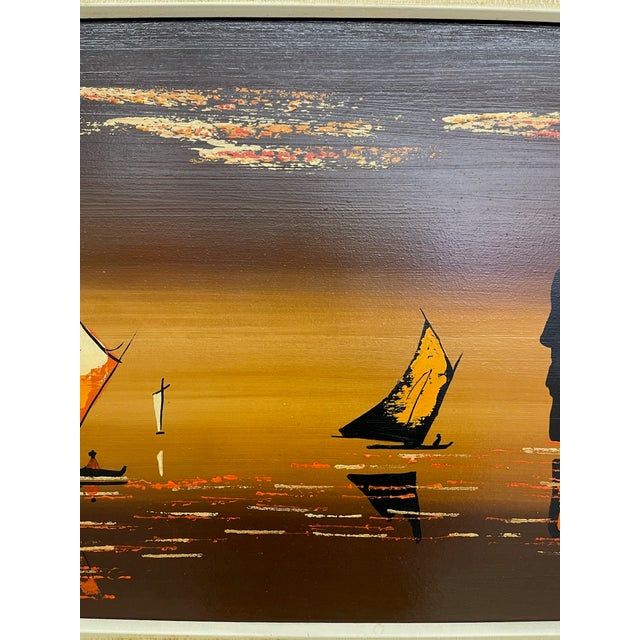 Brown 1970s Framed Modern Coastal Sailboat Landscape Painting Signed "Linda" - Abstract Seascape Wall Art For Sale - Image 8 of 10