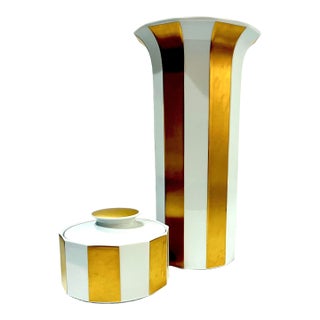 Rare 1980's Rosenthal Studio Line Gold Striped Vase and Bonbonniere by Tapio Wirkala For Sale
