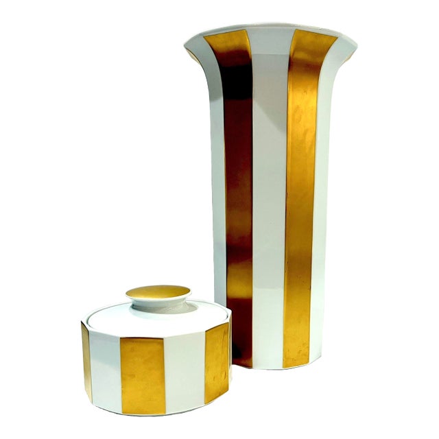 Rare 1980's Rosenthal Studio Line Gold Striped Vase and Bonbonniere by Tapio Wirkala For Sale