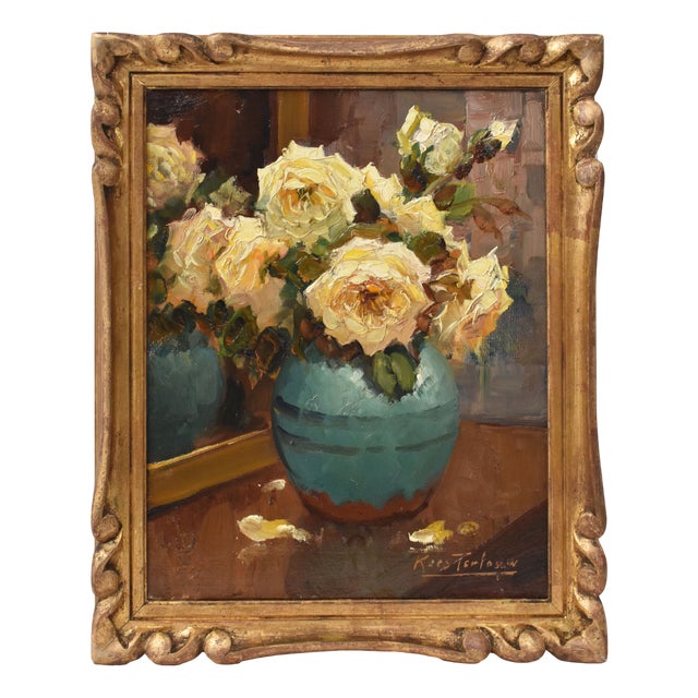 Kees Terlouw, Small Still Life of Yellow Roses, Oil on Canvas, 20th Century, Framed For Sale
