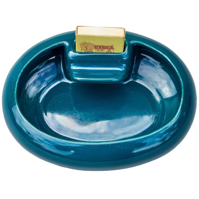 Mid 20th Century Mid 20th Century Handmade Americana Green Ceramic Ashtray With Match Holder For Sale - Image 5 of 8