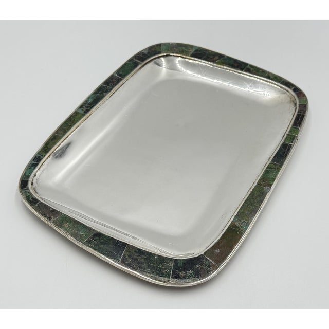 1960s Mid 20th Century Los Castillo Taxco Azurite & Lapis Inlaid Silver Plated Tray, Mexican Modernist For Sale - Image 5 of 18