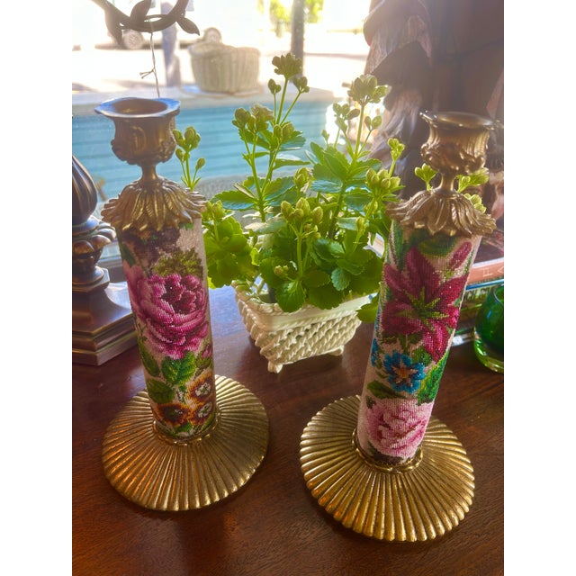 Antique Crystal Bead Petit Point Candle Holders Pair For Sale - Image 15 of 15