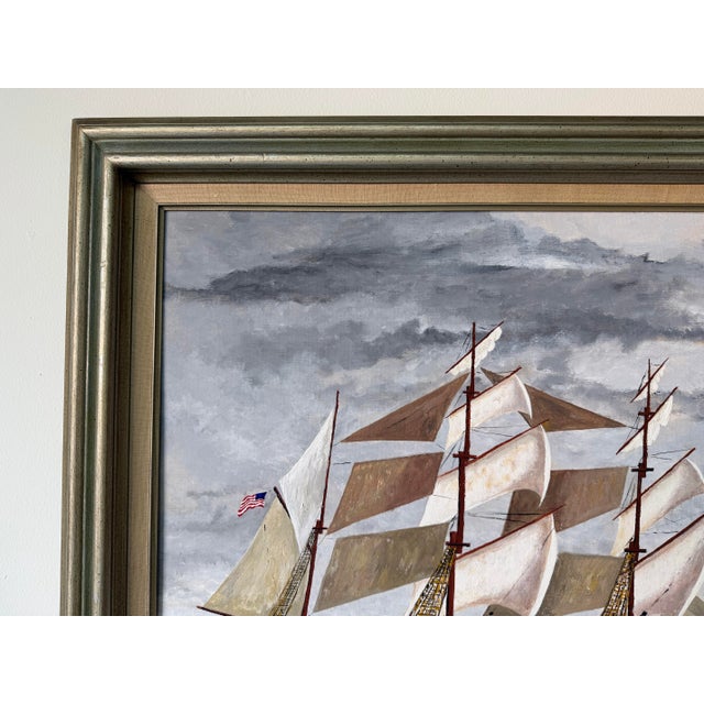 1970s 1970's R. Seaman American Tall Ship Ocean Landscape Oil on Board Painting, Framed For Sale - Image 5 of 12