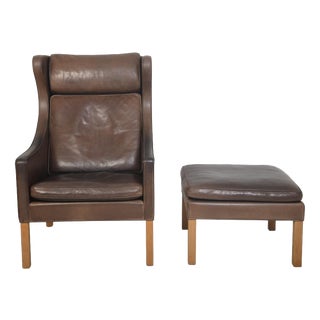 Set of 2204 Wing Chair and Ottoman in Brown Anilin Leather by Børge Mogensen, 2003 For Sale