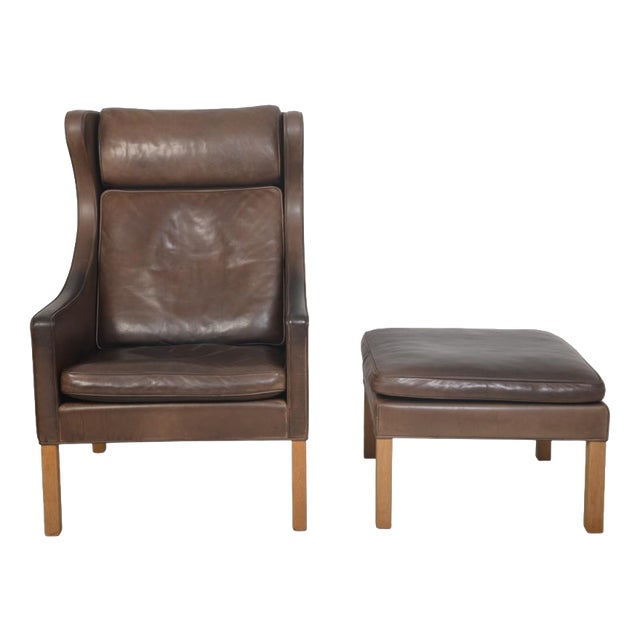 Set of 2204 Wing Chair and Ottoman in Brown Anilin Leather by Børge Mogensen, 2003 For Sale
