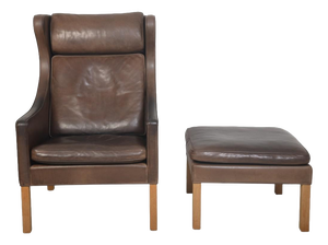 Set of 2204 Wing Chair and Ottoman in Brown Anilin Leather by Børge Mogensen, 2003