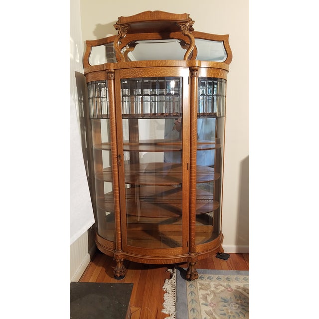Wood 1920s Victorian Golden Tiger Oak Curio Curved 3 Bow Front For Sale - Image 7 of 18