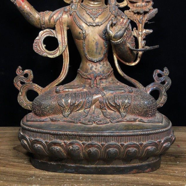 Vintage Tibetan Solid Bronze Manjushri Bodhisattva Sculpture, Seated Lotus Throne Buddha Statue, Chinoiserie Buddhist Altar Decor For Sale - Image 4 of 9