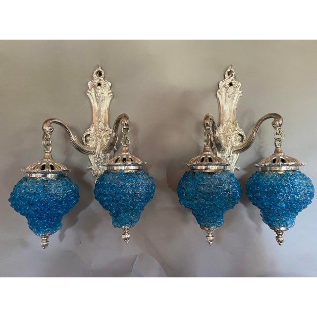 1990s 1990s French Louis XVI Silver Bronze Blue Crystal Wall Lamps / Sconces – Pair For Sale - Image 5 of 13