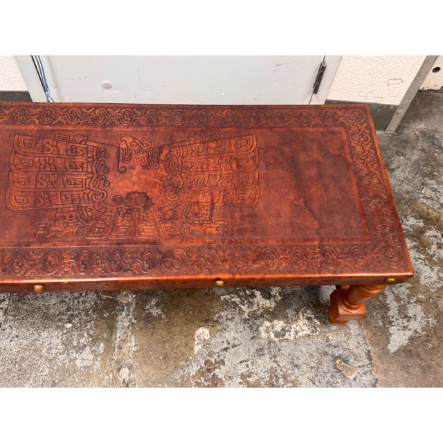 Brown Chavín Culture Peruvian Tooled Leather Table Bench For Sale - Image 8 of 12