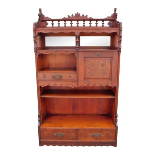 Antique Carved & Etched Mahogany Wood Open Bookcase Etagere W/ Drop Front Secretary Desk For Sale