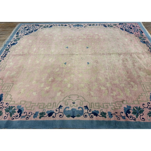 Chinoiserie 1920s Classic East Asian Pink Field Chinoiserie Antique Chinese Rug For Sale - Image 3 of 6