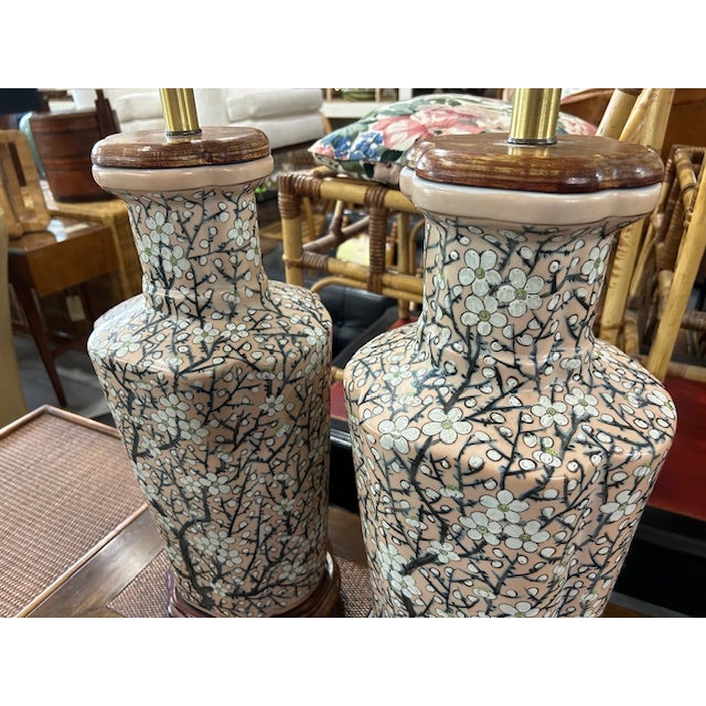 Mid 20th Century Vintage Pink Porcelain Cherry Blossom Lamps, a Pair For Sale - Image 5 of 11