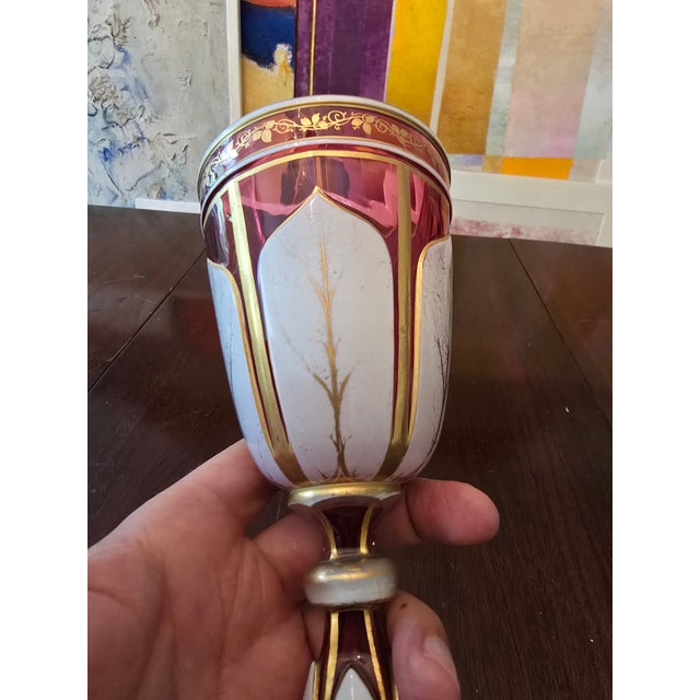 Late 19th Century Antique Bohemian Glass Tall Pink Overlay Goblet For Sale - Image 5 of 9