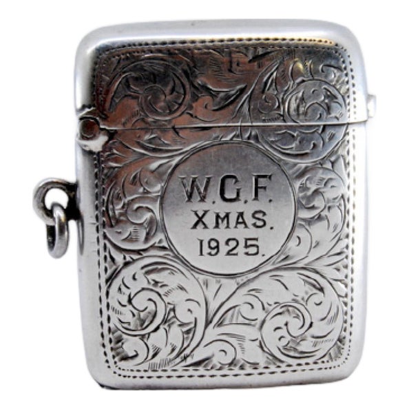 Silver Matchbox with Engraved Plant Motifs and Monogram Card For Sale