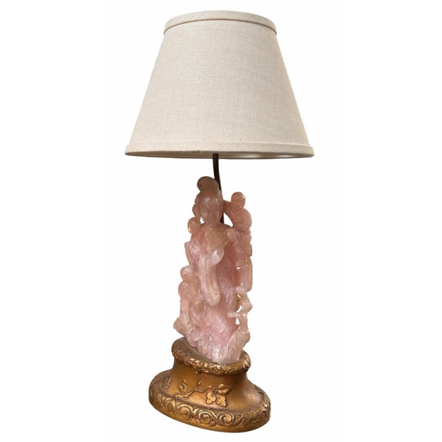 Antique Chinese Rose Quartz Sculpture Designer Table Lamp