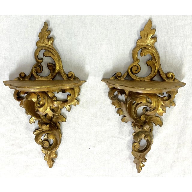Vintage Italian Rococo Style Gilt Carved Wood Wall Brackets- a Pair For Sale - Image 4 of 13