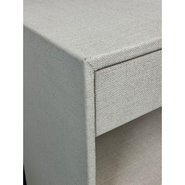 Pair Custom Linen Wrapped Open Commodes, Chests, Nightstands, White, American For Sale - Image 17 of 18