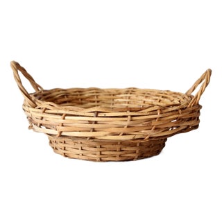 Vintage Round Wicker Basket With Handles For Sale