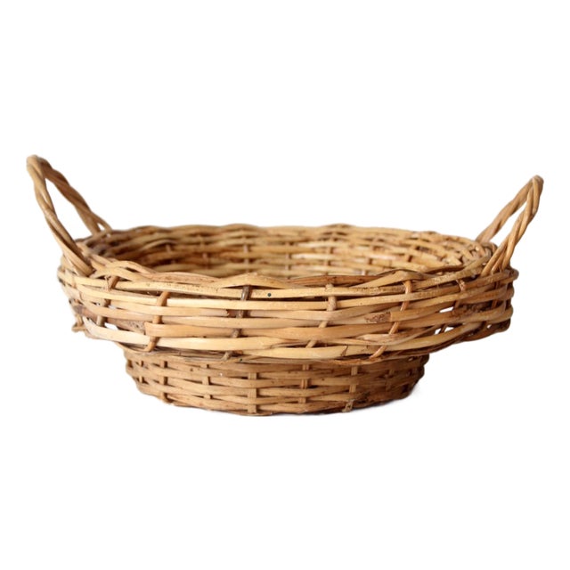 Vintage Round Wicker Basket With Handles For Sale