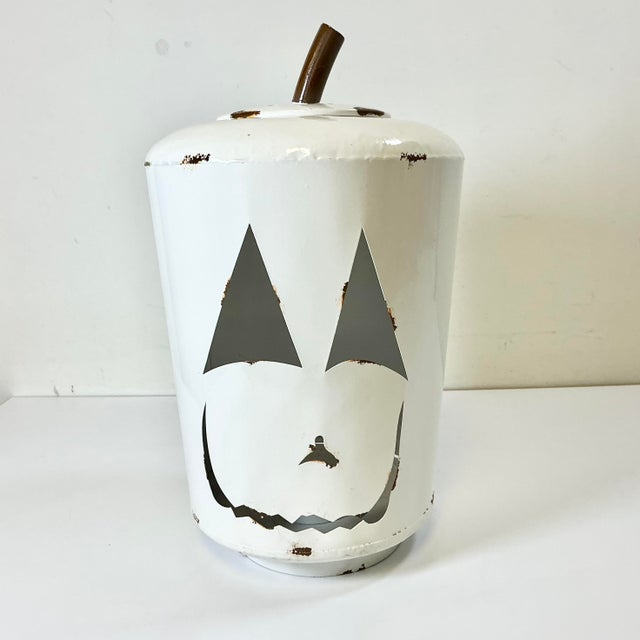 Farmhouse Vintage Boho Chic Farmhouse Americana Metal White Jack-O-Lantern Pumpkin Lantern For Sale - Image 3 of 11