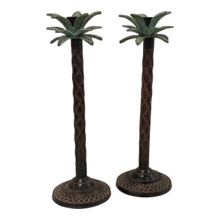 Mid 20th Century Hollywood Regency Palm Beach Style Palm Tree Candlesticks - a Pair For Sale