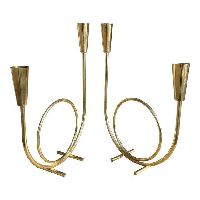 Mid-Century Modern Gold-Tone Metal Candelabras- a Pair For Sale
