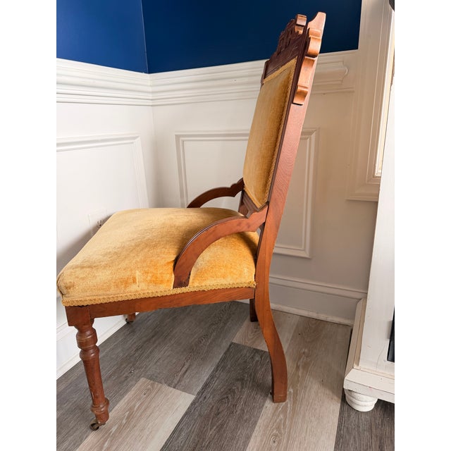 Antique Eastlake Walnut Parlor Chair, Circa 1880s Victorian With Brass Casters For Sale - Image 11 of 12