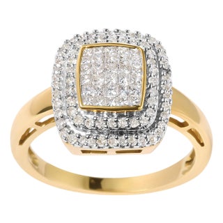 10K Yellow Gold 1/2 cttw Round and Princess Diamond Composite Head and Halo Ring (H-I Color, SI1-SI2 Clarity) - Ring Size 7 For Sale
