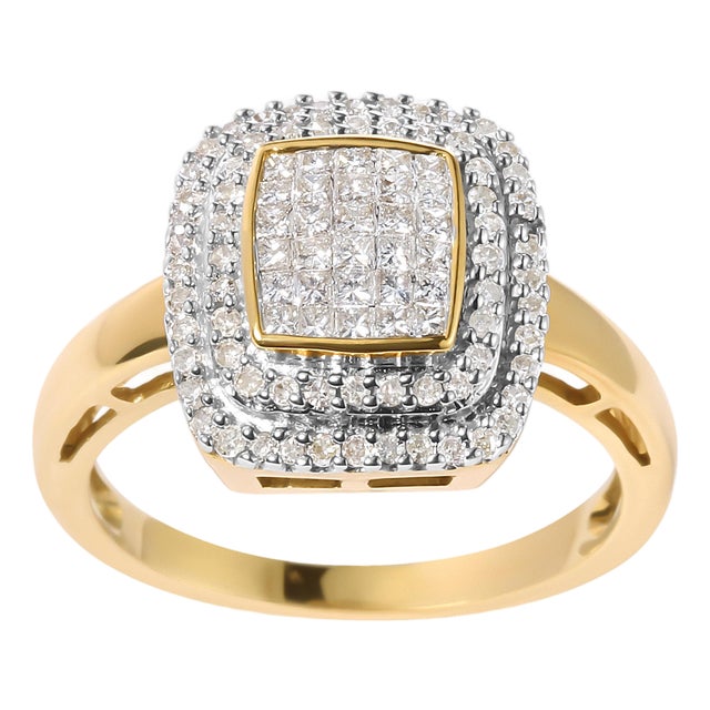 10K Yellow Gold 1/2 cttw Round and Princess Diamond Composite Head and Halo Ring (H-I Color, SI1-SI2 Clarity) - Ring Size 7 For Sale