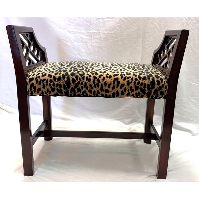 Vintage Fretwork Curved Arm Vanity Stool/ Bench With New Leopard Upholstery For Sale - Image 14 of 18